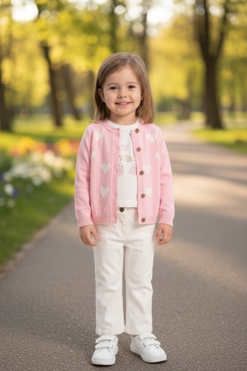 Cotton Heart Patterned Girls' Knitwear Seasonal 3-Piece Set Pants Cardigan Sweatshirt 12 Months, 2Y, 3Y, 4Y Girls