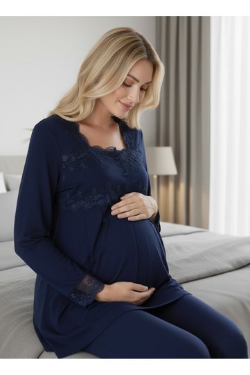 Women's Navy Blue Long Sleeve Lace Detail Buttoned Nursing-Friendly 100% Cotton Postpartum Maternity Pajama Set