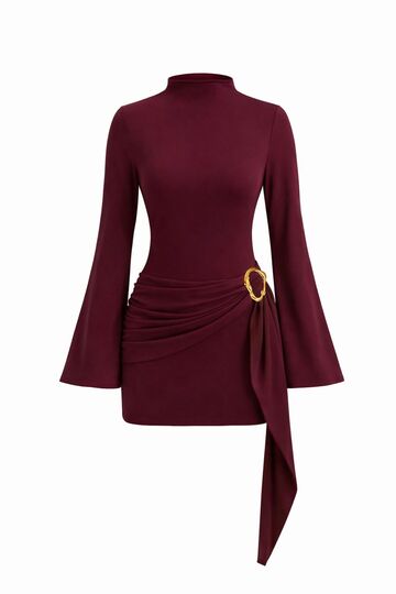 Burgundy Women’s Mock Neck Buckle Detail Belted Shaping / Sculpting Fit Mini Design Dress
