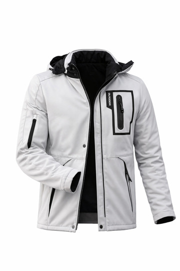 Outdoor Hooded Water and Windproof Quilted Fur-Filled Fiber-Filled Stone Color Softshell Coat