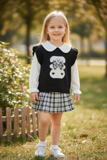 100% Cotton Bear Embroidered Knitwear Set Shirt Skirt Sweater 2Y,3Y,4Y,5Y Girls Black