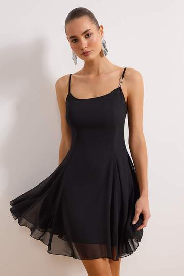 Black A-Line Accessorized Lined Chiffon Short Formal Flowy Evening Graduation Dress TPRSS23EL00033