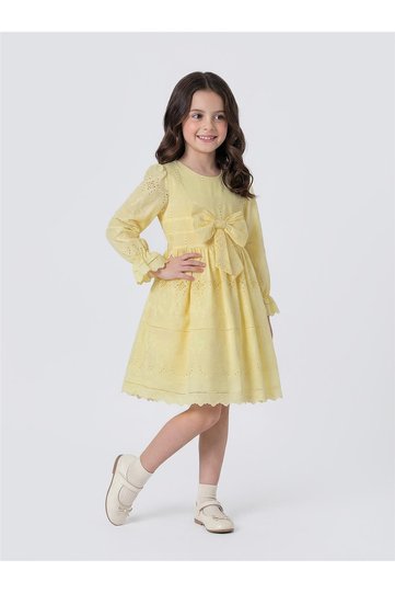 Girls Long Sleeve Front Bow Eyelet Embroidery Dress