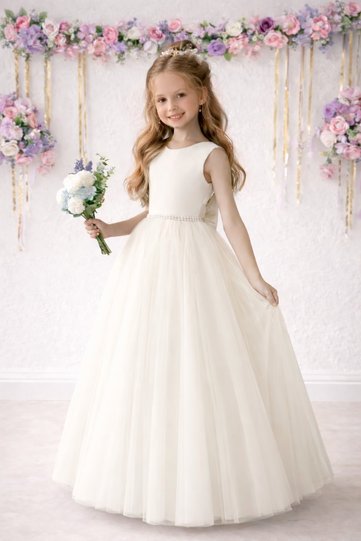 Girl's Ecru Tulle Ball Gown/Princess Dress with Pearls on the Waist and Satin Bow