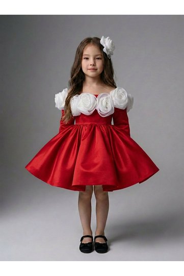 Girl's Red Evening Dress – Floral Collar Detail, Special Occasion and Birthday Dress