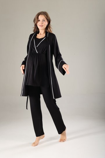 Maternity 3-Piece Pajama and Robe Set - Adjustable Waist with Breastfeeding Feature - Black