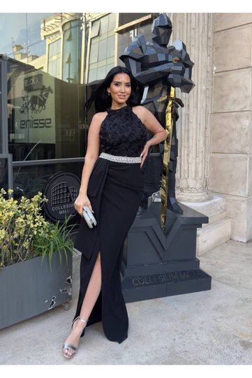 Rose Detailed Stone Belted Slit Halter Evening Dress