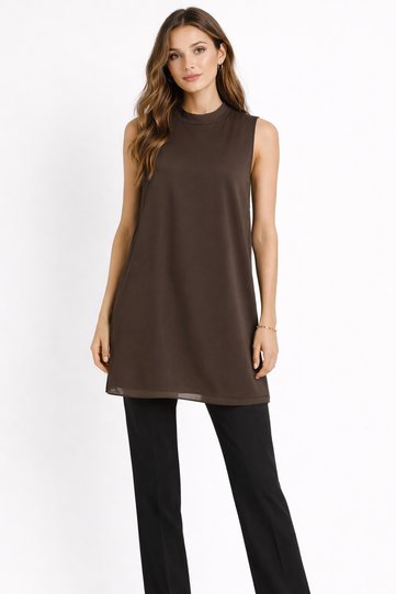 Tunic Blouse Undergarment with Chiffon Tulle Detail on the Front, Zero Sleeves Brown 102700