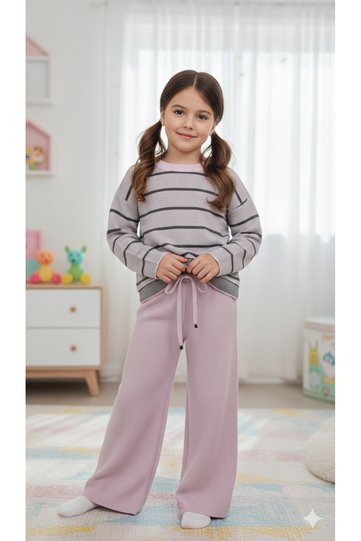 Girl's Knitwear Set, Pink Color, Striped Detail, Bottom and Top, 6/14 Years