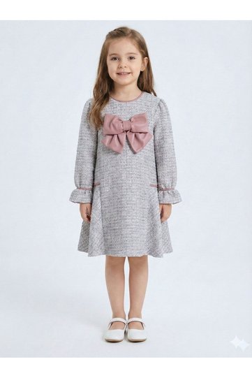 Leather Bowknot Gathered Sleeves Tweed Girls' Dress 3-7 Years 4415