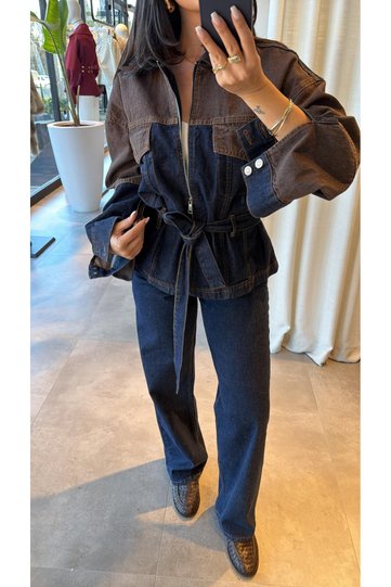 Navy-Brown 100% Cotton Belted Denim Jacket Pants Set - 0836
