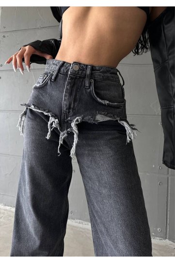TREND SPECIAL DESIGN WIDE LEG JEAN RIPPED DETAIL PANTS-CUSTOM DESIGN WIDE LEG JEAN RIPPED DETAIL PA
