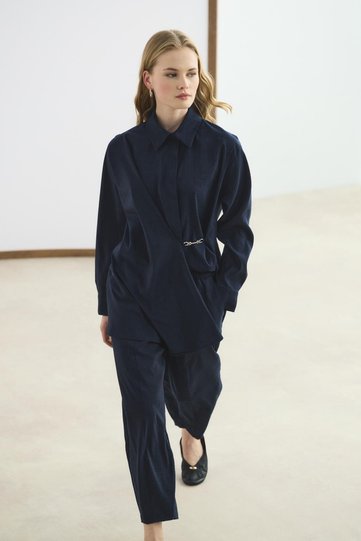 Buckle Detailed Wrap Shirt and Trousers Set Navy Blue