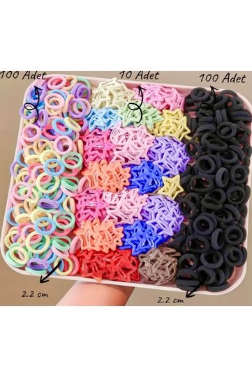 Girls' Mini Rubber Hair Tie Set 210 Pieces – 2.2 cm Colorful & Black Hair Ties + Star Snap Clips