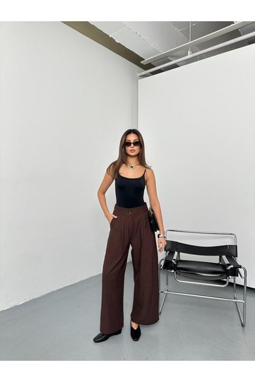 New Season Linen Fabric Wide-Leg Pants with Elastic Waist and Double Buttons