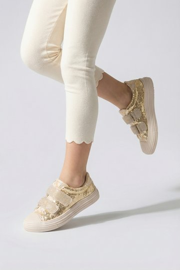 Girls' Sports Shoes with Velcro, Glittery, Flexible Sole, Closed Front, Easy to Wear Sneaker