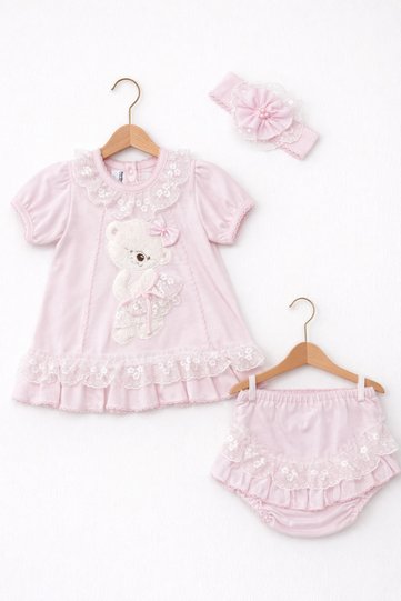 Lace Teddy Bear Baby Girl Dress Set – Set of 3 with Headband