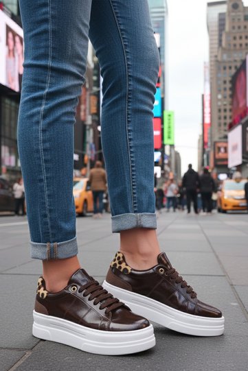 Women's Brown Patent Leather Daily Lace-Up Sneaker with Leopard Detail, Stylish Quality Walking Sports Shoes