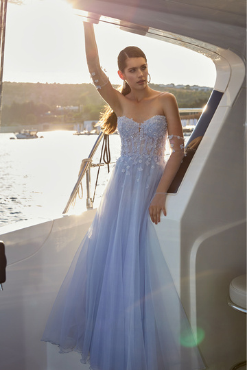 Women's Top Size Transparent and Floral Embellished Strapless Long Evening Dress 6497 Ice Blue