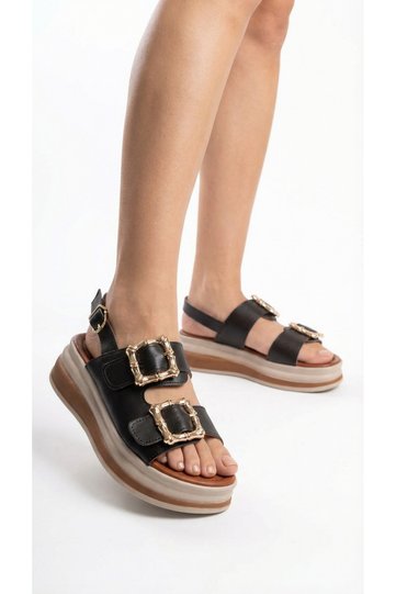 Thick Square Double Gold Buckle Detailed High Heel Ankle Buckle Women's Summer Sandals