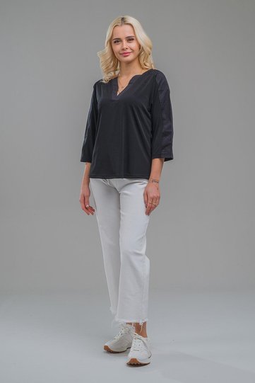 Women's V-Neck Parachute Fabric Combination Sandy Blouse Black