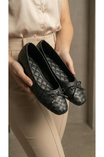 Women's Black Bowknot Knitted Patterned Mary Jane Ballerina Shoes 1cm Byndbtg01