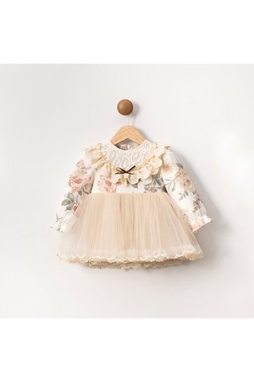 Bıana Long Sleeve Tulle Ecru Girl's Dress 9-12-18-24 Months