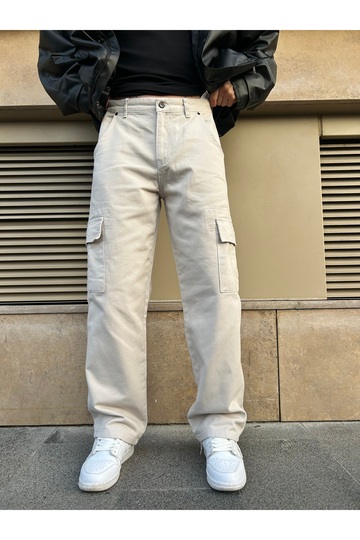 Double Pocket Detail Stone Color Cargo Baggy Trousers