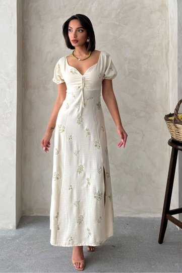 Embroidered Linen Dress - Pistachio Green |   Vmd2901 - Pistachio Green