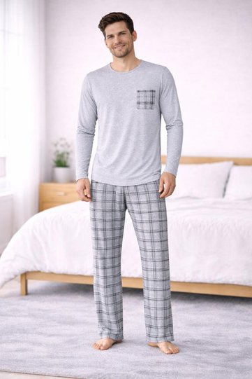 Cotton Jersey Bottom Plaid Long-Sleeved Men's Pajama Set