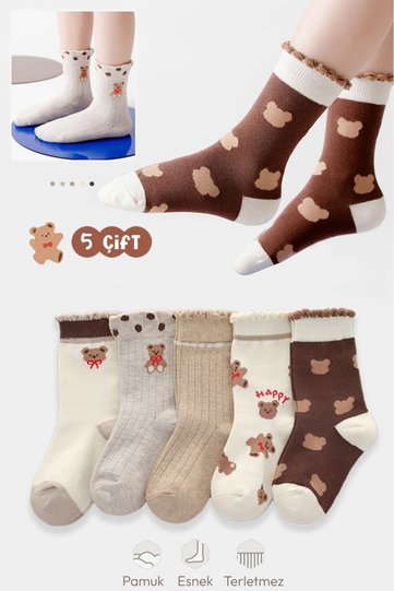 5 Pairs of Bear Patterned Girls' Socks Set (Extra Soft)
