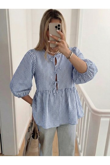 Blouse Bow Balloon Sleeve Blue Straight Line Poplin Women's Blouse