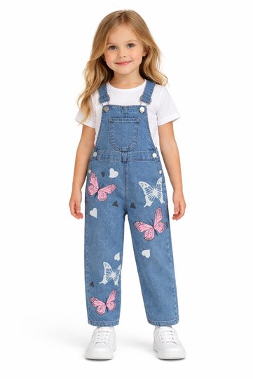 GIRLS' 3/7 YEARS BUTTERFLY PRINTED DENIM (THIN) DENIM OVERALL JUMPSUIT