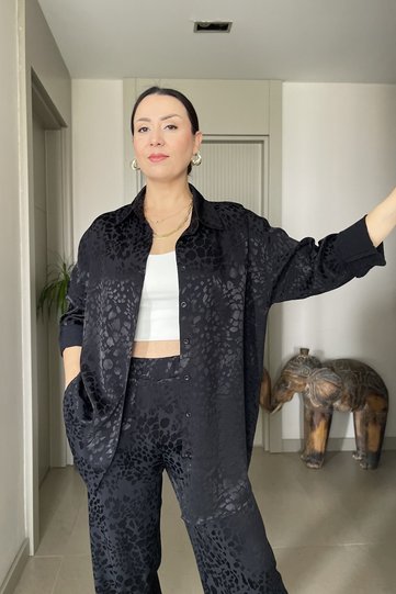 Leopard Patterned Satin Shirt Pants Tiril Set