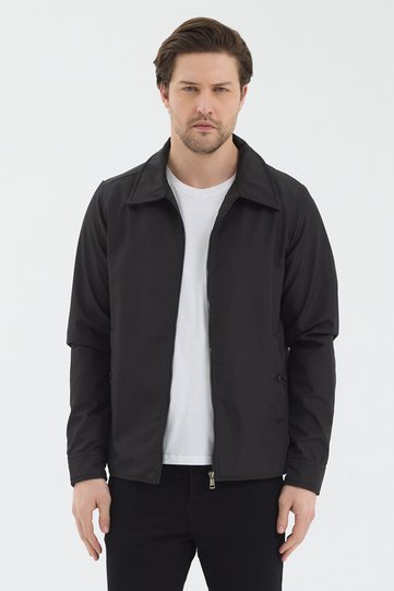 Men's Black Polo Collar Basic Zippered Seasonal Jacket