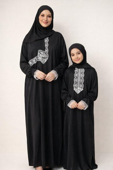 طقم فستان صلاة من الدانتيل الأسود للأم والابنة مع حجاب ذاتي الارتداء