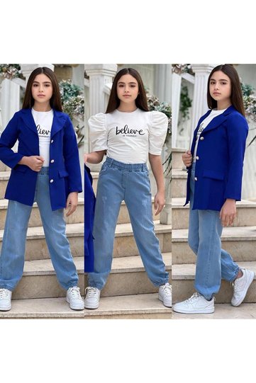 Girl's Jacketed Suit with Jean Pants 3-Piece Set - Blazer Jacket - Balloon Sleeve T-Shirt - Holiday Outfit