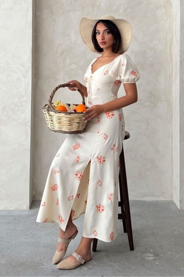 Embroidered Linen Dress - Orange |   Vmd2901 - Orange