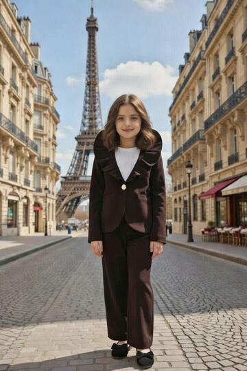Girl's Asymmetrical Cut Ruffled Collar Flared Jacket Brown Bottom-Top Set