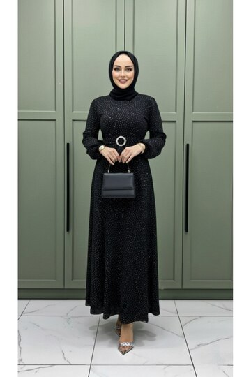 فستان سهرة سلطان للنساء من قماش لامع ومرصع بالأحجار مع حزام أسود مفصل لحفلات الزفاف