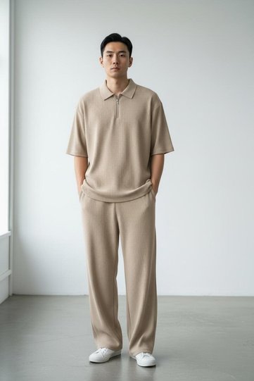 Men's Beige Half Zipper Ottoman Tracksuit Suit