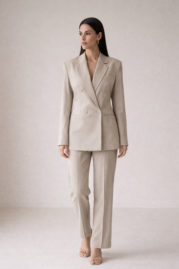 Beige Double-Breasted Buttoned Jacket and Trousers Set