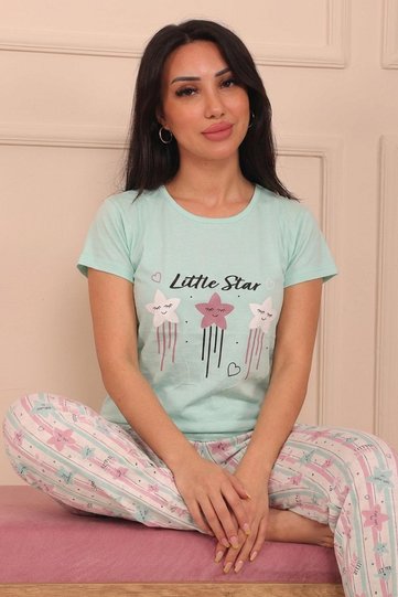 طقم بيجاما للنساء بأكمام قصيرة، بشعار Little Star وتصميم ست نجوم