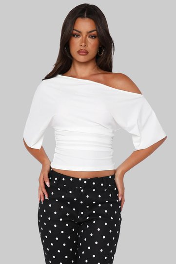 Asymmetric Collar, Body-Fitting, Short Sleeve, Stretchy Women's Ecru Blouse