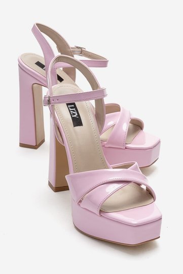 Women's Pink Patent Leather Platform Heeled Sandals 12 cm Cross Strap Evening Dress Shoes