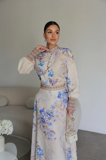 Patterned Sleeves Gipe Detailed Shirt and Maxi Skirt Premium Design Linen Set