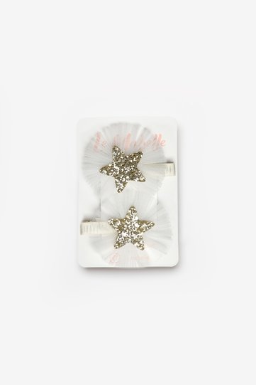 Gold Tulle Detailed Star Figured 2-Piece Girls' Clip Buckle