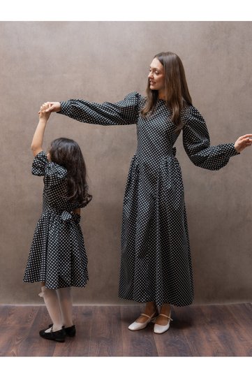 Pleated Black Polka Dot Poplin Mother and Daughter Flared Dress Outfit (SOLD AS A SINGLE ITEM)