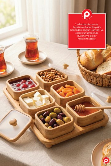 Bamboo Set of 6 Breakfast and Snack Containers with Lids and Stands - Storage and Presentation Set with Lids