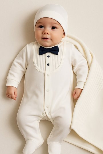White Baby Boy 3-Piece Hospital Release Set – Bow Tie Jumpsuit, Hat and Blanket – 100% Cotton